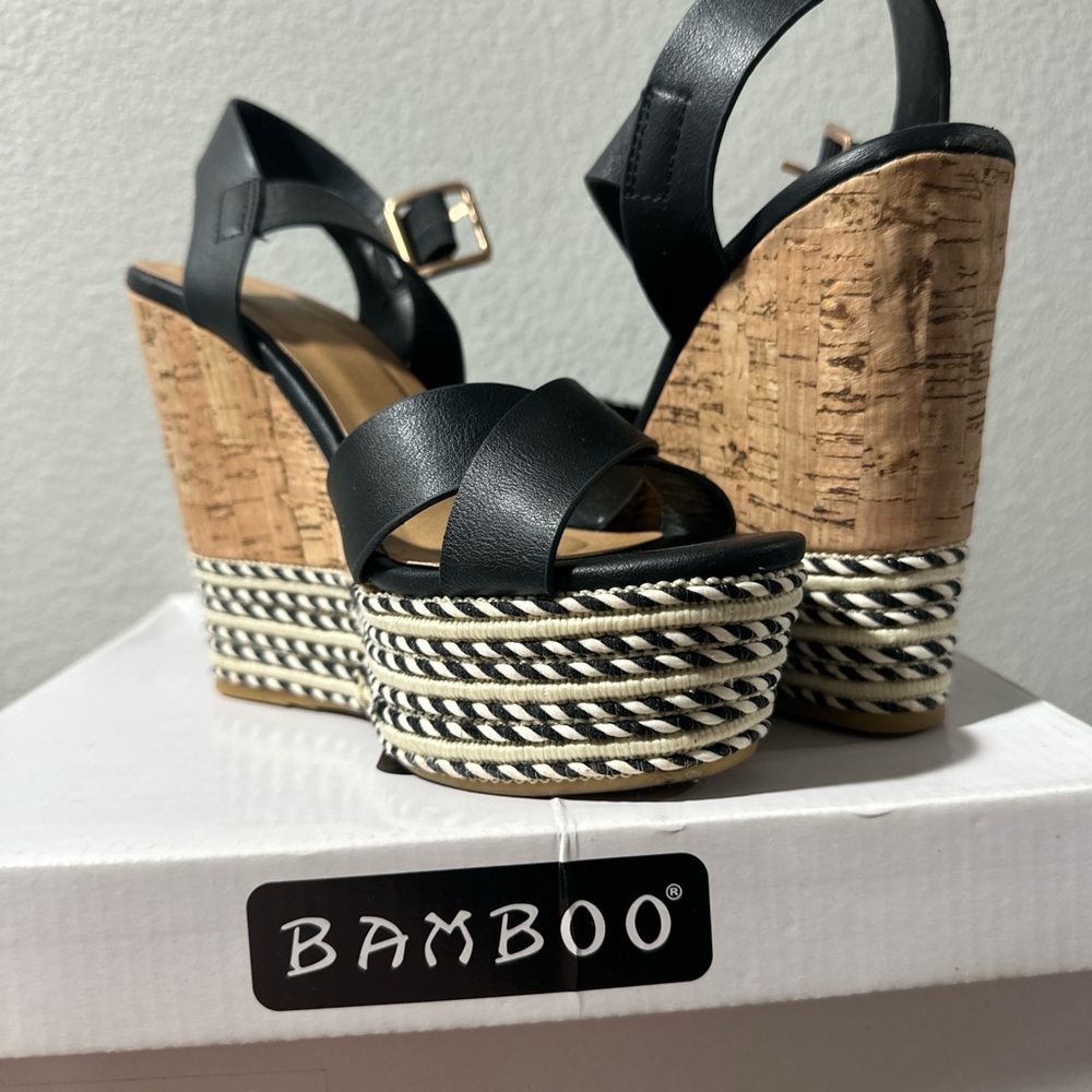 BAMBOO Black and Brown Wedge Sandals with Cork Heel